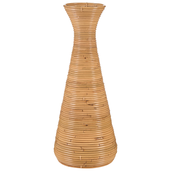 Hohe Vase aus geflochtenem Rattan mit konischer Form und geriffelter Oberfläche.