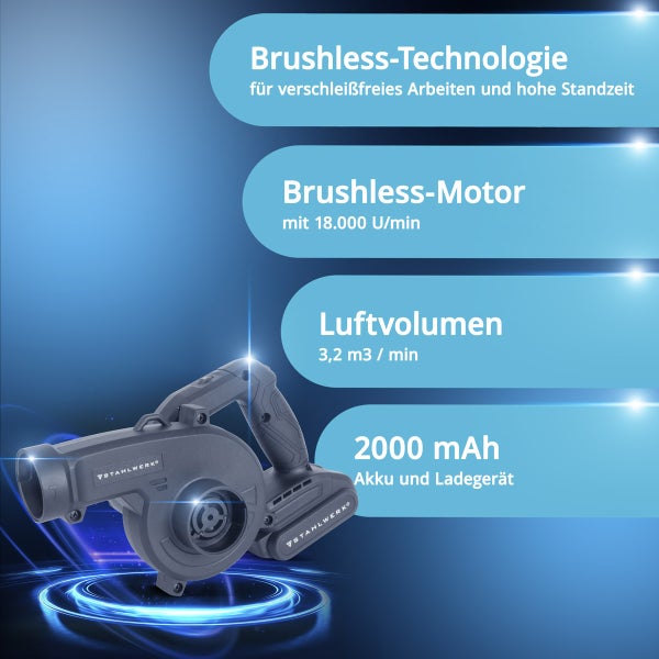 STAHLWERK Akku-Laubbläser mit Brushless-Technologie, Brushless-Motor, Luftvolumen 3,2 Kubikmeter pro Minute und 2000 mAh Akku und Ladegerät