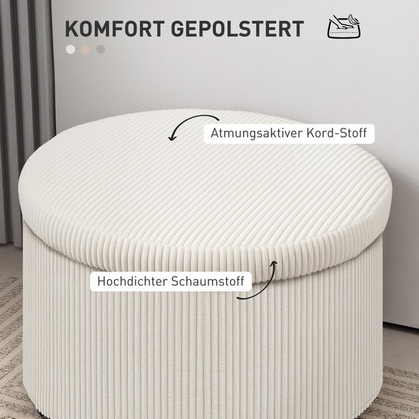 HOMCOM Sitzhocker mit Stauraum Hocker mit Deckel, Runder Polsterhocker Fußhocker mit Cord-Optik für Wohnzimmer, Schlafzimmer 60 x 60 x 41 cm Beige