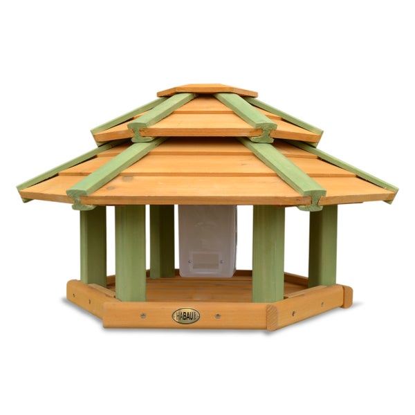 Vogelhaus aus Holz mit Futtersilo