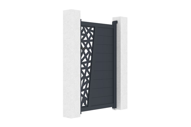Modernes Gartentor mit horizontalen Lamellen und geometrischem Muster zwischen zwei Pfeilern.