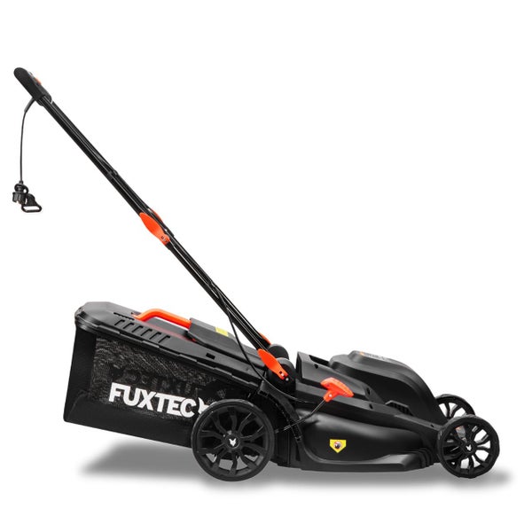 Fuxtec Elektro-Rasenmäher mit Fangkorb und Kabelanschluss.