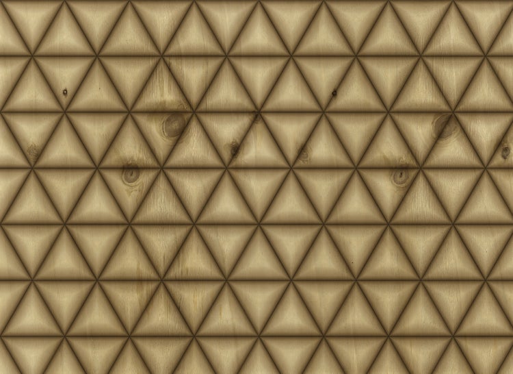 Wandpaneel aus Holz mit dreidimensionalem geometrischem Muster aus Dreiecken und sichtbarer Holzmaserung.