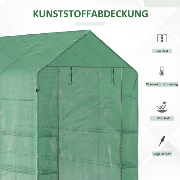 Outsunny Foliengewächshaus, begehbares Gewächshaus mit 8 Regalebenen, 214 x 143 x 195 cm, PE-Kunststoff, Stahl, Grün