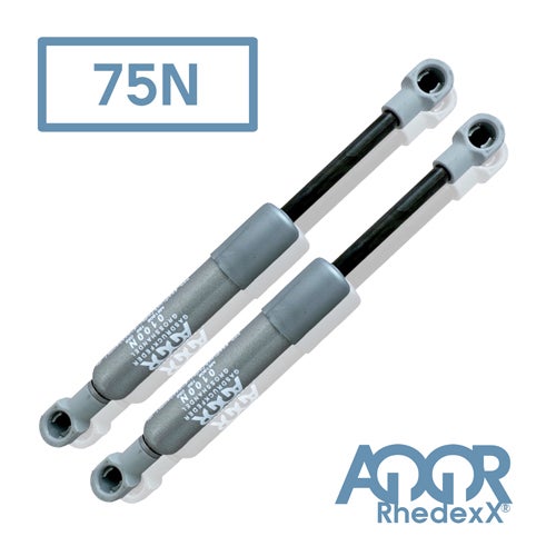 Zwei Gasdruckfedern von Rhedexx mit 75 Newton Druckkraft und AQQR Rhedexx Logo.