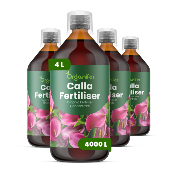 Vier Flaschen Organifer Calla-Dünger, organisches Konzentrat, insgesamt 4 Liter, ausreichend für 4000 Liter Gießwasser.