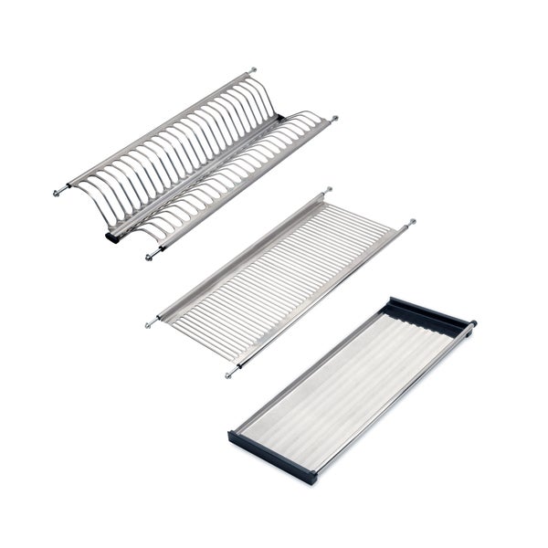 Dreiteiliges Abtropfgestell-Set aus Edelstahl für Küchenschränke mit Tellerhalter, Tassengitter und Abtropfschale.