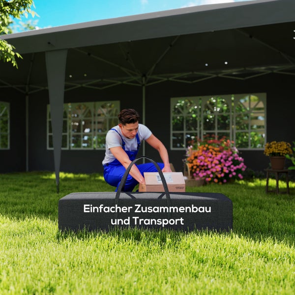 Tragetasche für einen Pavillon auf einer Rasenfläche mit dem Hinweis auf einfachen Zusammenbau und Transport.