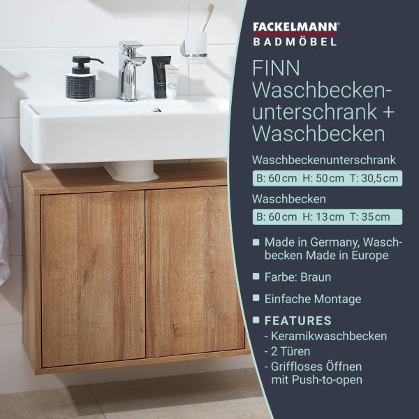 FACKELMANN FINN Badmöbel Set 3 Teile / Waschbecken / Waschbeckenunterschrank / 4 Holzfüße / Badschrank mit Push-to-Open / Korpus & Front: Braun hell / Rahmendekor & Füße: Braun hell / Breite: 60 cm