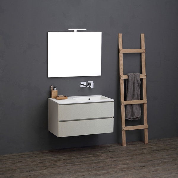 Modernes Badezimmer mit Waschtischunterschrank, Spiegel und Handtuchleiter