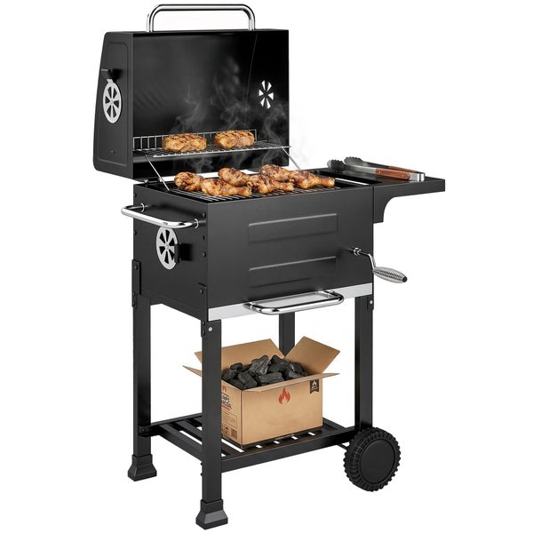 Holzkohlegrill mit Deckel und Rädern, Abmessungen 94 Zentimeter Höhe, 75 Zentimeter Breite und 59 Zentimeter Tiefe.