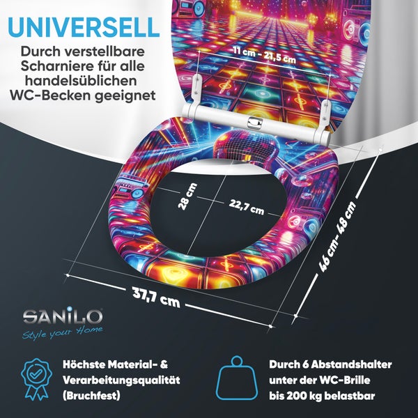 Sanilo WC-Sitz mit Disco Motiv, verstellbare Scharniere, bruchfestes Material, bis 200 Kilogramm belastbar, inklusive Maßangaben.