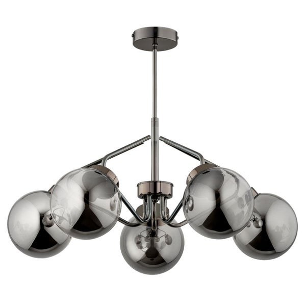 Fünfflammige Pendelleuchte mit kugelförmigen Glasköpfen in modernem Design aus Metall.