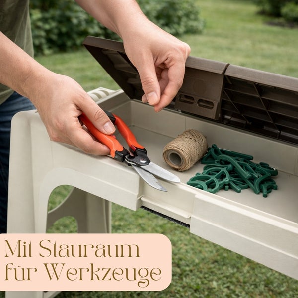 Gartentisch mit Stauraum für Werkzeuge, Gartenschere, Bindfaden und Pflanzenclips