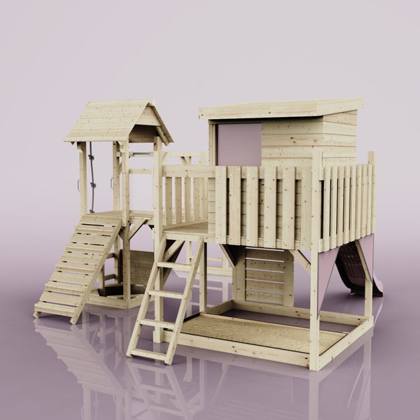 Spielanlage aus Holz mit Rutsche, Leiter, Sandkasten und Spielhaus