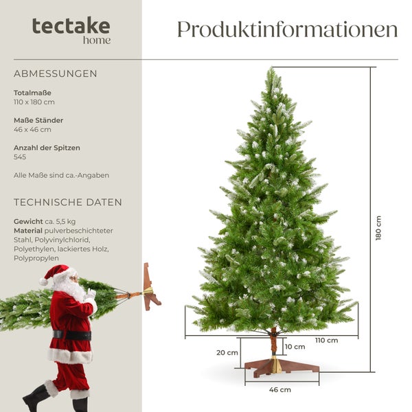 Produktinformationen zu einem künstlichen Weihnachtsbaum mit Ständer und Maßangaben