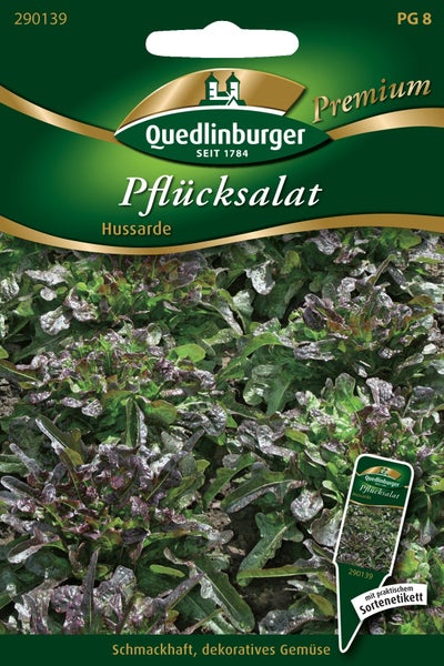 Samentüte für Pflücksalat Hussarde von Quedlinburger mit Abbildung der Salatpflanzen und Quedlinburger Logo.