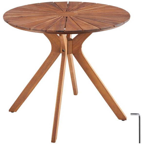 Runder Gartentisch aus Holz mit strahlenförmiger Tischplatte, vier schrägen Beinen und einem Innensechskantschlüssel für den Aufbau.