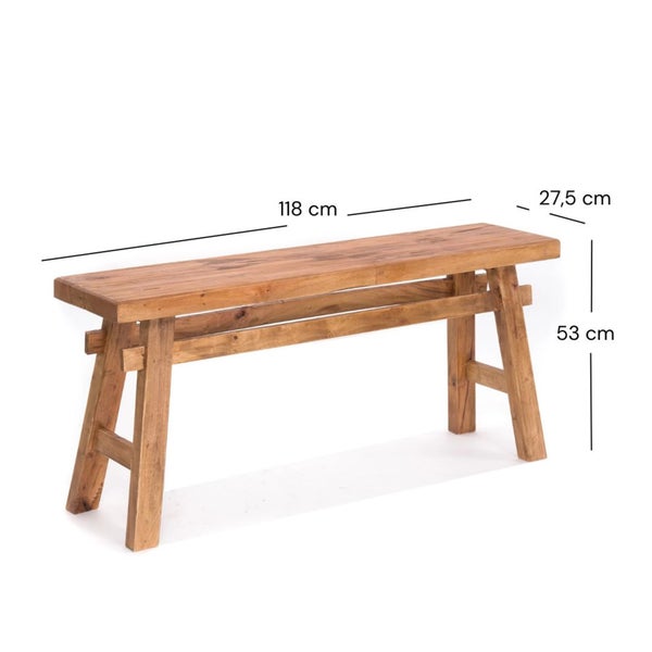 Holzbank mit den Maßen 118 cm Länge, 27,5 cm Breite und 53 cm Höhe