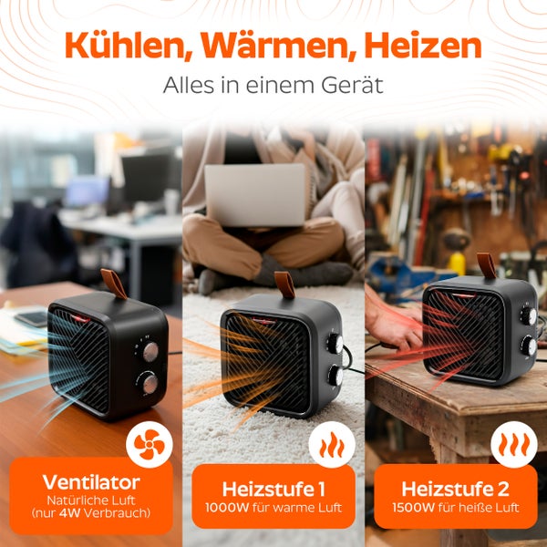 Portabler schwarzer Heizlüfter und Ventilator zum Kühlen und Heizen mit drei Stufen: 4 Watt, 1000 Watt und 1500 Watt. Kompaktes Design mit Tragegriff.