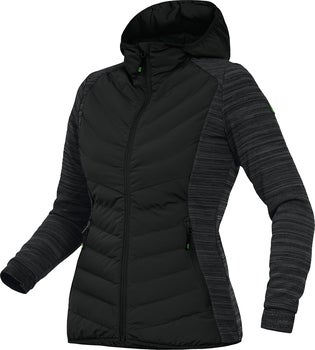 Damen Hybridjacke mit Kapuze, gestepptem Vorderteil, Strickärmeln, Seitenteilen, Reißverschluss und Seitentaschen.
