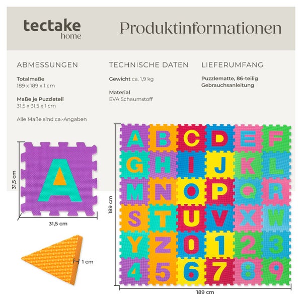 Produktinformationen zu einer 86-teiligen Puzzelmatte mit Buchstaben und Zahlen von Tectake Home, Abmessungen 189 x 189 x 1 cm, Gewicht circa 1,9 kg, Material EVA Schaumstoff