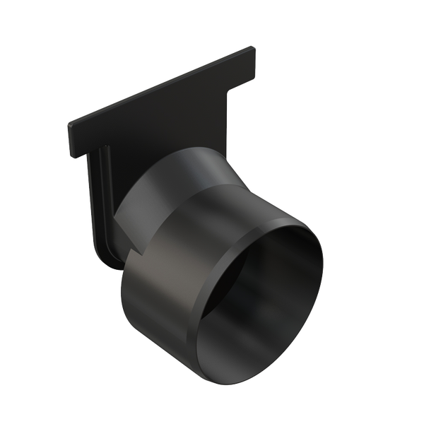 Schwarzer Einhängestutzen aus Kunststoff für Dachrinnen.