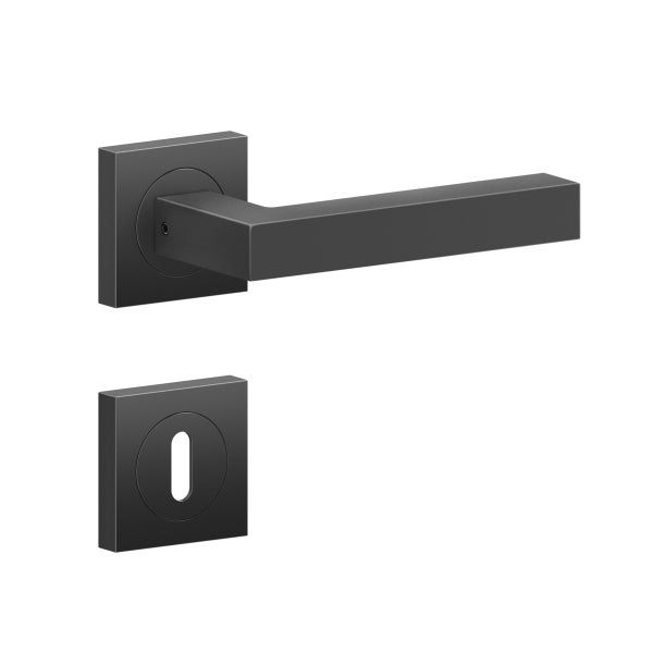 Türdrücker-Garnitur in Schwarz matt mit quadratischen Rosetten und Buntbart-Schlüsselloch.
