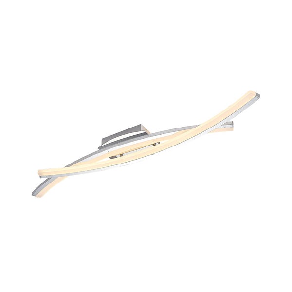 Moderne geschwungene Deckenleuchte in Chrom mit zwei sich kreuzenden Lichtleisten.