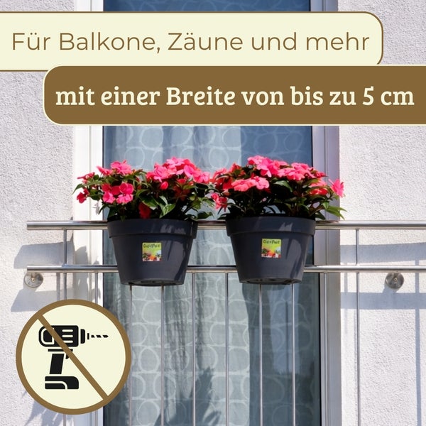 Zwei Blumentöpfe mit rosa Blumen an einem Balkongeländer aus Metall, geeignet für Breiten bis zu 5 Zentimeter, kein Bohren erforderlich.
