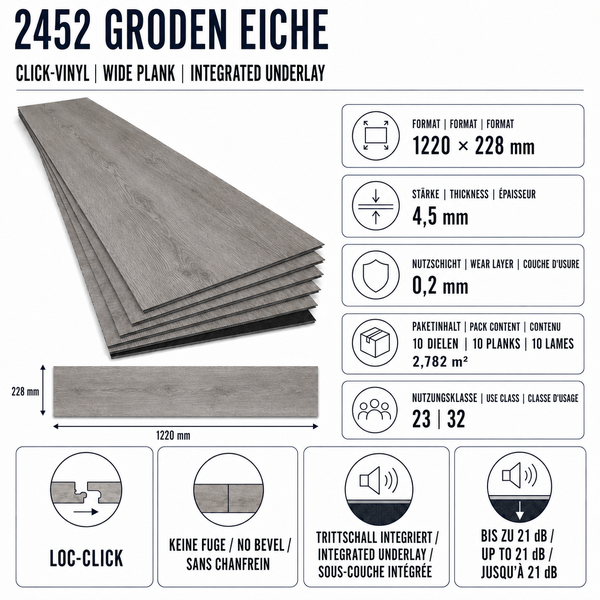 Groden Eiche Klick Vinyl Bodenbelag mit integrierter Trittschalldämmung, 1220 mal 228 Millimeter Format, 4,5 Millimeter Stärke, Nutzungsklasse 23 32.