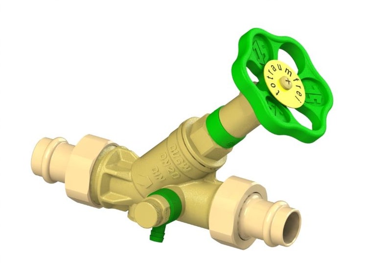 Freistromventil mit Pressanschlüssen, Entleerventil und grünem Handrad, totraumfrei, Nennweite 20.