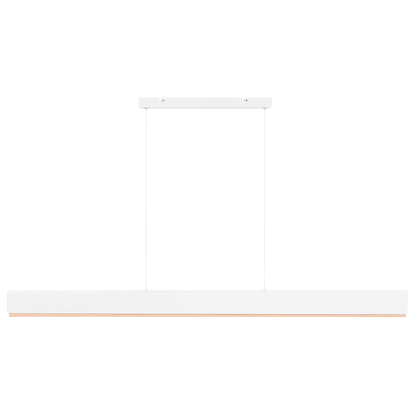 Moderne Pendelleuchte in Weiß mit schmalem Holzelement, lineare Form, höhenverstellbare Seilaufhängung.