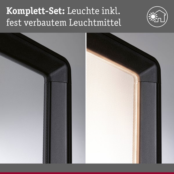 Komplett-Set Außenleuchte inklusive fest verbautem Leuchtmittel, Detailansicht der Leuchtfläche im eingeschalteten und ausgeschalteten Zustand.