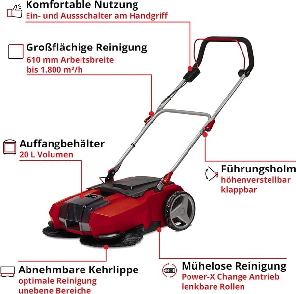 Einhell Akku Kehrmaschine mit 610 Millimeter Arbeitsbreite, 20 Liter Auffangbehälter, höhenverstellbarem Führungsholm und Power X Change Antrieb.