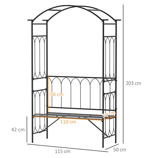 Outsunny Rosenbogen mit Bank, Gartenbank, 115 x 50 x 203 cm, Metall, Schwarz