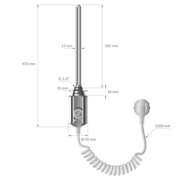 Heizstab für Heizkörper mit Regler und Spiralkabel. Gesamtlänge 455 Millimeter, Stablänge 365 Millimeter, Gewinde G 1/2 Zoll, Kabel 1200 Millimeter.