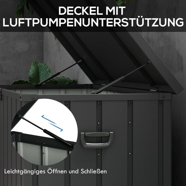 Geöffnete Gartenbox mit Luftpumpenunterstützung für leichtgängiges Öffnen und Schliessen.