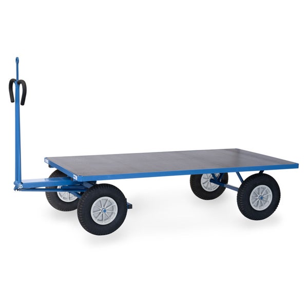 Plattformwagen mit vier Luftreifen, blauer Stahlrahmen und Deichsel.