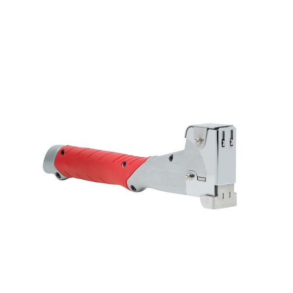Schlagtacker mit rotem ergonomischem Griff und silbernem Metallgehäuse.