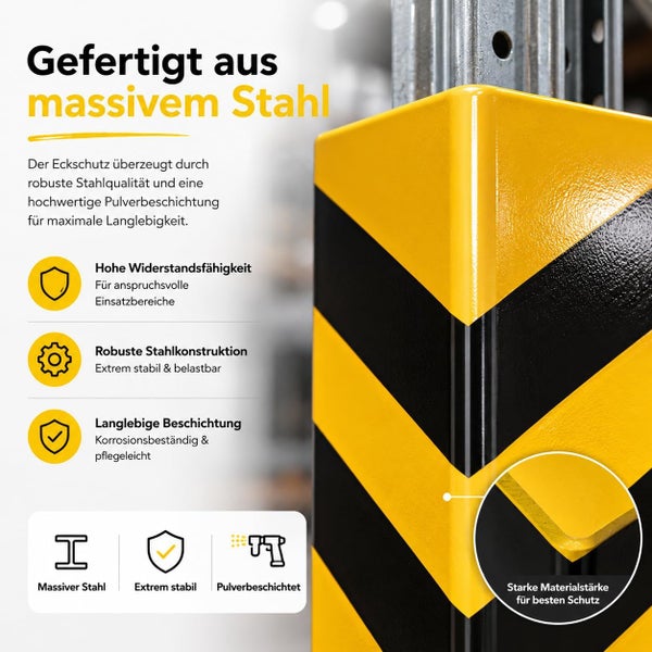 Eckschutz aus massivem Stahl mit Warnmarkierung und Pulverbeschichtung. Hohe Widerstandsfähigkeit und robuste Materialstärke.