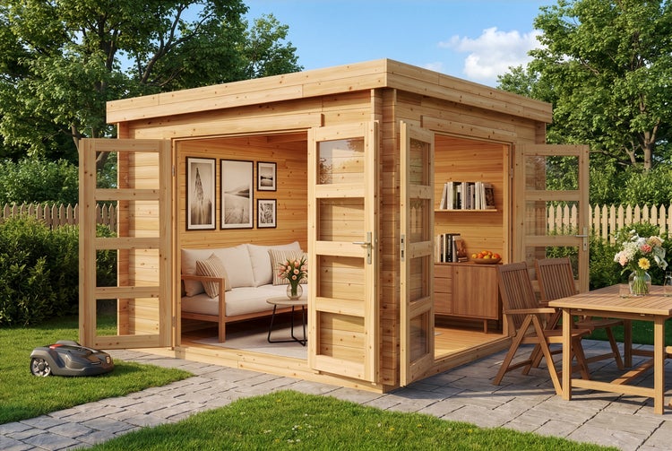 Modernes Gartenhaus aus Holz mit Flachdach, offenen Glastüren, eingerichtetem Innenraum, Holzmöbeln auf der Terrasse und einem Mähroboter.