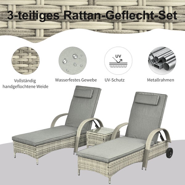 Outsunny Sonnenliege Gartenliege Tisch 3er-Set Gartenmöbel, Polyrattan+Metall Grau