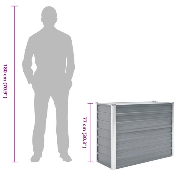 Rechteckiges Hochbeet aus Metall im Größenvergleich zu einer 180 Zentimeter großen Person. Das Hochbeet hat eine Höhe von 77 Zentimeter.