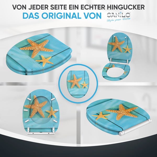 Sanilo WC-Sitz mit Seestern-Motiv und Holzoptik aus verschiedenen Perspektiven inklusive Sanilo Logo.