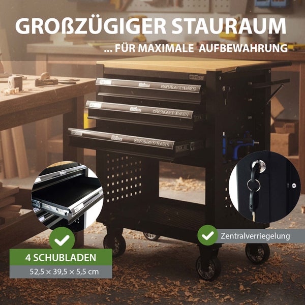 Werkzeugwagen mit vier Schubladen, zentraler Verriegelung und großzügigem Stauraum
