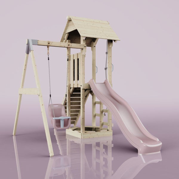 OutdoorToys Spielturm Göteborg aus Holz in Rosa Babyschaukel