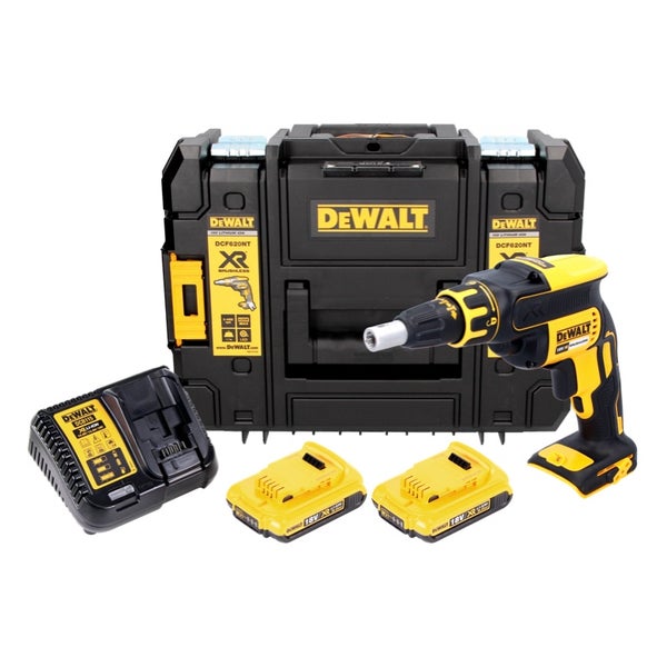 DeWalt 18 Volt Akku-Trockenbauschrauber-Set mit zwei Akkus, Ladegerät und schwarzem Transportkoffer.