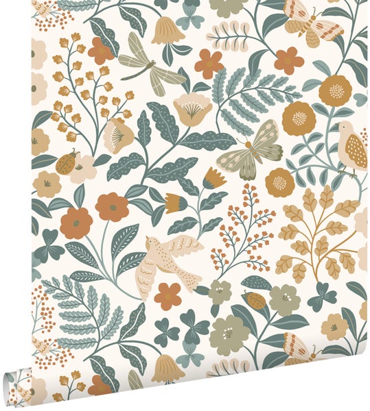 ESTAhome Tapete Blumen und Vögel Graublau, Olivgrün und Ockergelb - 53 cm x 10.05 m - 139865