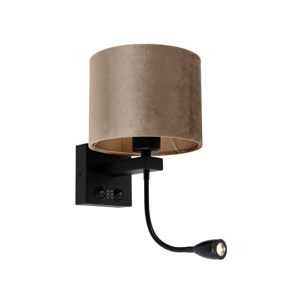 Wandleuchte Schwarz mit Taupe Samt Schirm 18cm - Brescia Combi